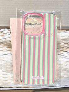 1pc Pink Green Vertical Stripe Solitude English Print Pink Large Window Transparent TPU Phone Case, Raised Camera Frame Full Coverage Shockproof Protective Shell, Compatible With All Apple Series, Fresh Dopamine Korean Ins Style - Clear - View 5