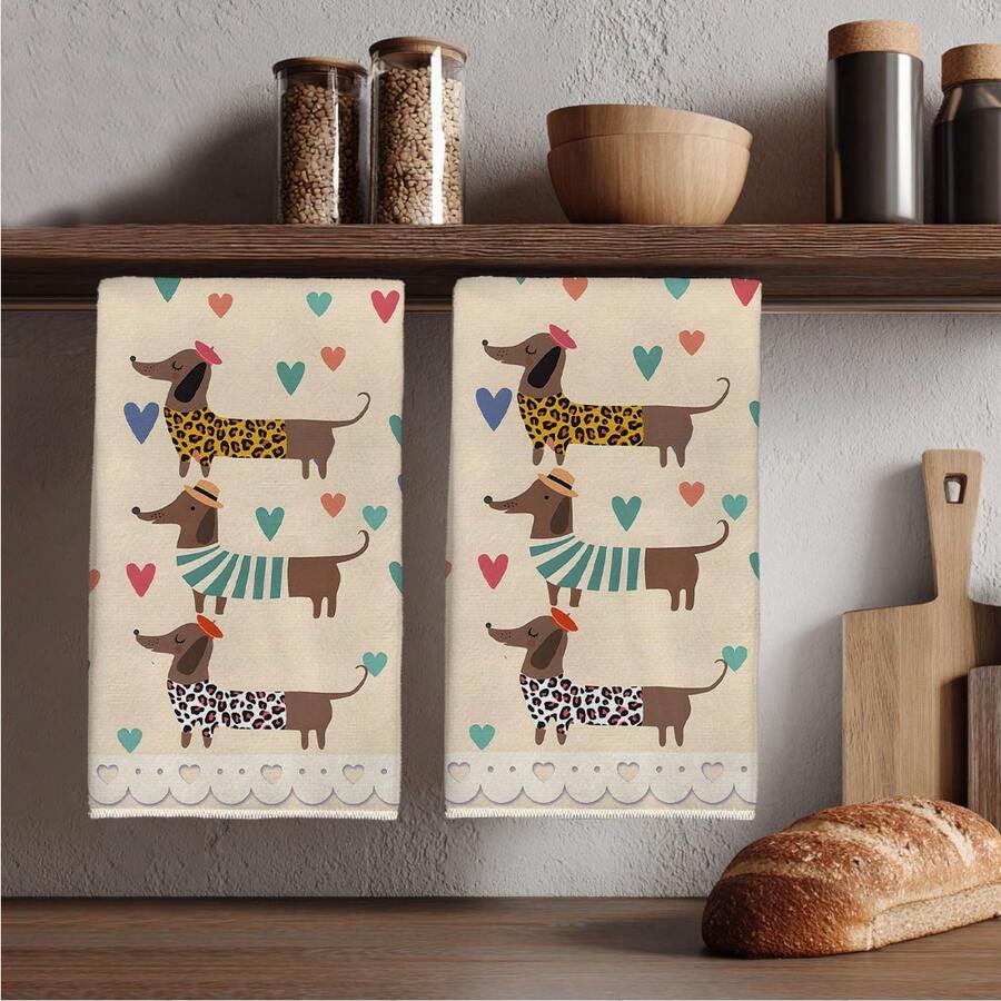 2pcs Dachshund Heart Theme Series Illustration Pattern Kitchen Towels, Rectangular Microfiber Kitchen Towels, Dish Cloths, Cleaning Cloths, Hand Towels, Cooking Baking Tea Towels, Kitchen Decor, Housewarming Gift, Birthday Gift, Bathroom Cleaning Wipes, Decorative Towels - Beige - View 1