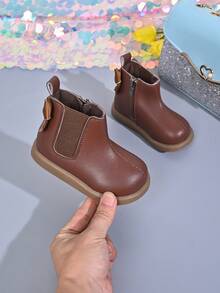 Baby Sweet Bow Black Boots, Soft PU Leather Non-Slip Ankle Boots, Girls Daily Versatile Princess Boots - Brown - View 1