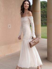 Damenmode Off-Shoulder langärmliges figurbetontes Kleid, Herbst/Winter Mesh transparentes Kleid, elegantes apricotfarbenes Cocktailparty-Abendkleid, sexy Outfit - Aprikosenfarben - Übersicht 5
