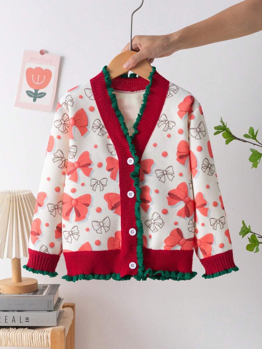 M.Dian xi Áo cardigan len trẻ em cổ chữ V bèo nơ họa tiết, thời trang thanh lịch ấm áp cho mùa xuân/thu - Đỏ - Xem 1