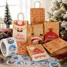 9pcs/1Roll Christmas Kraft Gift Bags With Stickers Set, Santa Claus Printed Paper Tote Bags, Xmas Candy Cookie Treat Bags For Holiday Gift Packaging - Multicolor - View 3
