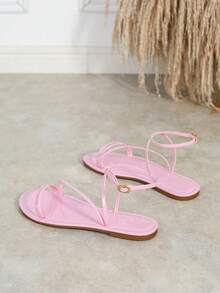 Women's Fashionable Comfortable Round Toe Open Toe Cross Strap Flat Sandals With Single Buckle Strap, Casual Versatile For Spring And Summer - Baby Pink - View 7