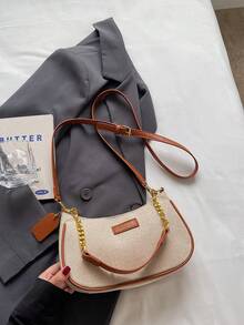 Women's Shoulder Bag, Canvas Material Solid Color Bohemian Style Handbag, Gold Chain Zipper Design, Casual Daily Wear, Suitable For Spring And Summer - Brown - View 6