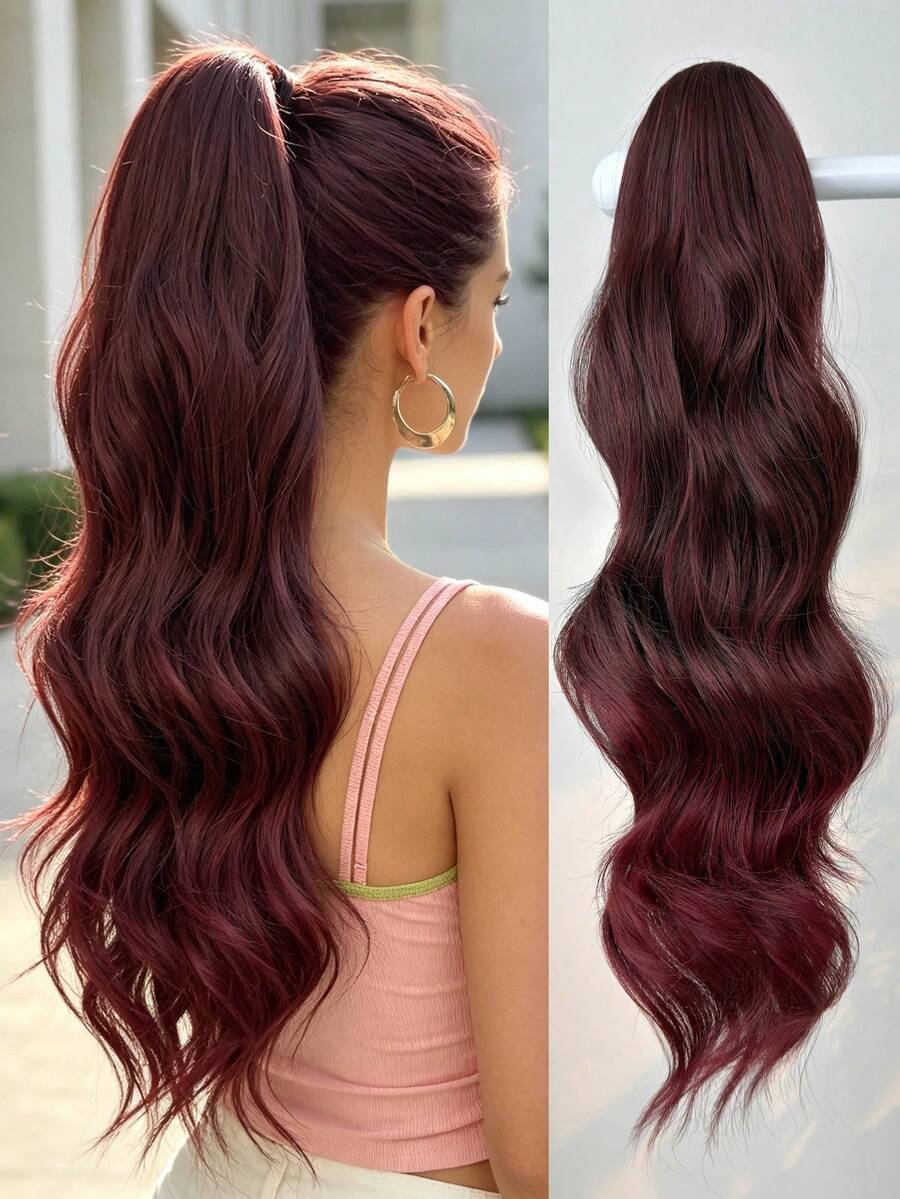 24 Inch Wine Red Drawstring Clip-On Ponytail Extension, Long Natural Wave, Heat Resistant Synthetic Ponytail Wig, Suitable For Women's Daily Wear - 漸層紅色 - 查看 1