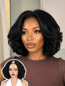 V-Part Yaki Wavy Bob Wig, Synthetic Hair V-Shaped Glueless Hairpiece, Layered Curly Clip-In Hair, Ready To Wear, Suitable For Beginners, Heat-Resistant Fiber, Daily Wear - Black - View 1