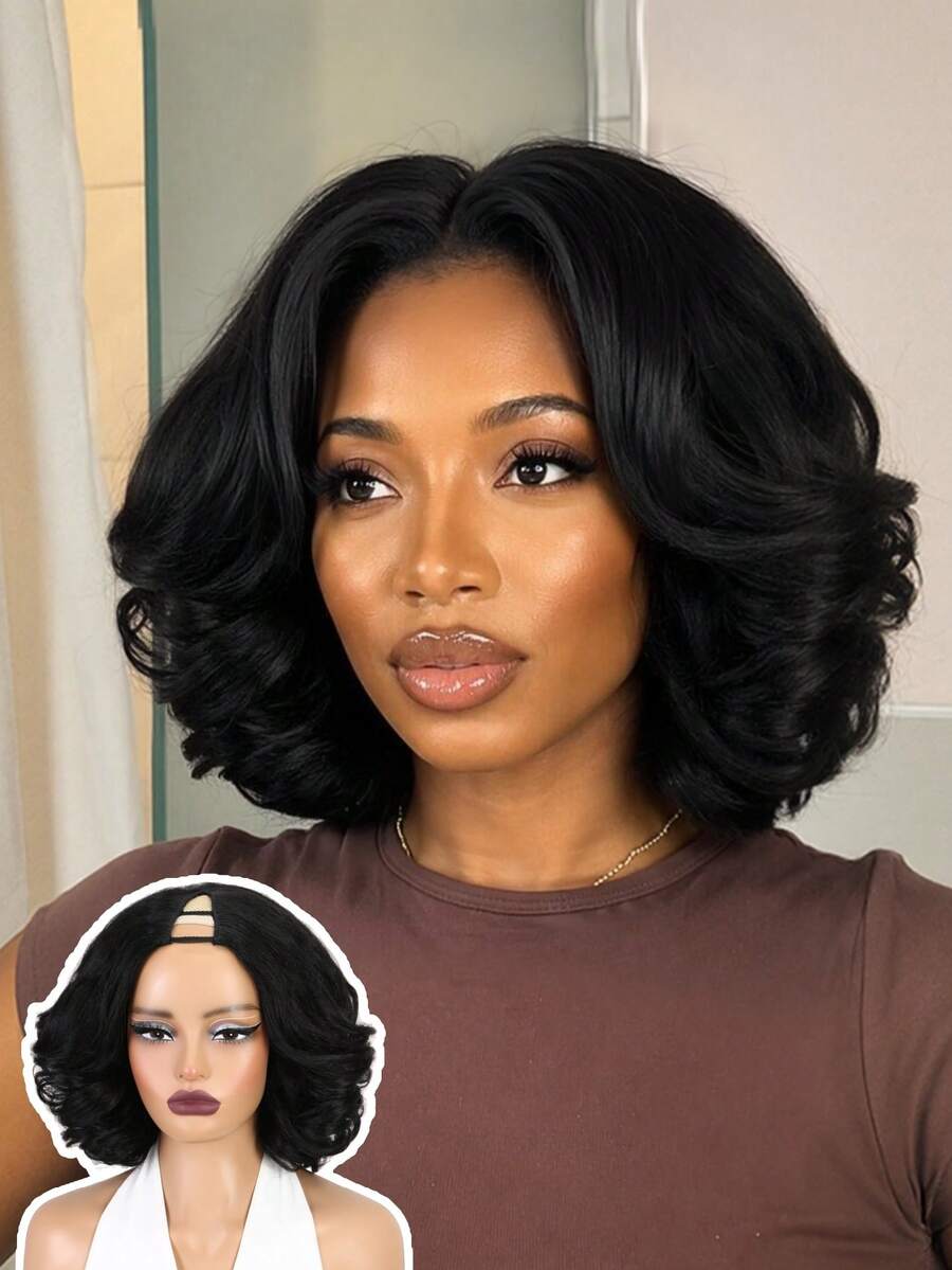 V-Part Yaki Wavy Bob Wig, Synthetic Hair V-Shaped Glueless Hairpiece, Layered Curly Clip-In Hair, Ready To Wear, Suitable For Beginners, Heat-Resistant Fiber, Daily Wear - Black - View 1