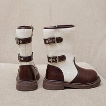 Girls' Vintage Colorblock High-Top Boots, Autumn/Winter British Style Buckle Side Zipper Mid-Calf Leather Boots - Brown - View 3
