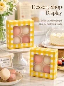 8pcs Yellow Gingham Four Compartment Dessert Box With Clear Window Cute Bakery Gift Packaging For Birthday Parties Celebrations Macarons Mochi Pastries - View 4