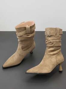 Buckle Ruched Mid-Calf Boots Plus Size Women's Vintage Pointed Toe Stiletto Heel Fashion Boots - Khaki - View 4