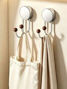 No Punch Suction Hooks, Rustproof Stainless Steel Bathroom Robe Hooks, Vintage Wooden Bead Dual Hanging Hooks, Strong Load Bearing Removable Wall Mount Hooks For Entryway Bedroom Washroom - Multicolor - View 6