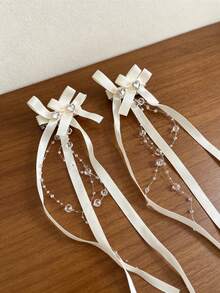 2pcs Mesh Butterfly Long Streamer Beaded Tassel Hair Clip, Bangs Side Clip, Princess Style, Suitable For Valentine's Day Decoration, Daily, Party, Valentine's Day Use (No Card, Handmade, Bowknot May Not Be Separated Due To Packaging Compression, Consistent With Displayed Effect) - Multicolor - View 11