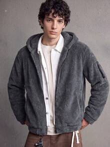 MAISONFOX Men's Solid Color Minimalist Reversible Fleece Hooded Casual Zip-Up Jacket, Autumn/Winter Double-Sided Lamb Fleece Lining Warm Coat - 深灰色 - 查看 8