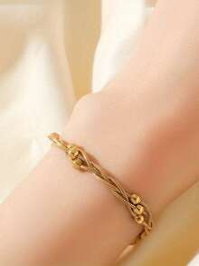 RAYQUEEN 1pc 2 Stainless Steel Round Bead 3-Layer Chain Woven Geometric Design Personalized Bracelet For Women, Suitable For Daily Wear - Gold - View 2
