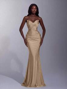 Elegant Women's Strapless Mermaid Maxi Dress, Pleated Knitted Fabric Gown For Formal Evening Events Wedding Party Fall - Champagne - View 4