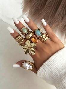 Set de 9 anillos de metal vintage con diseño minimalista francés personalizado, adecuado para fiestas, regalos y uso diario - Multicolor - Ver 1