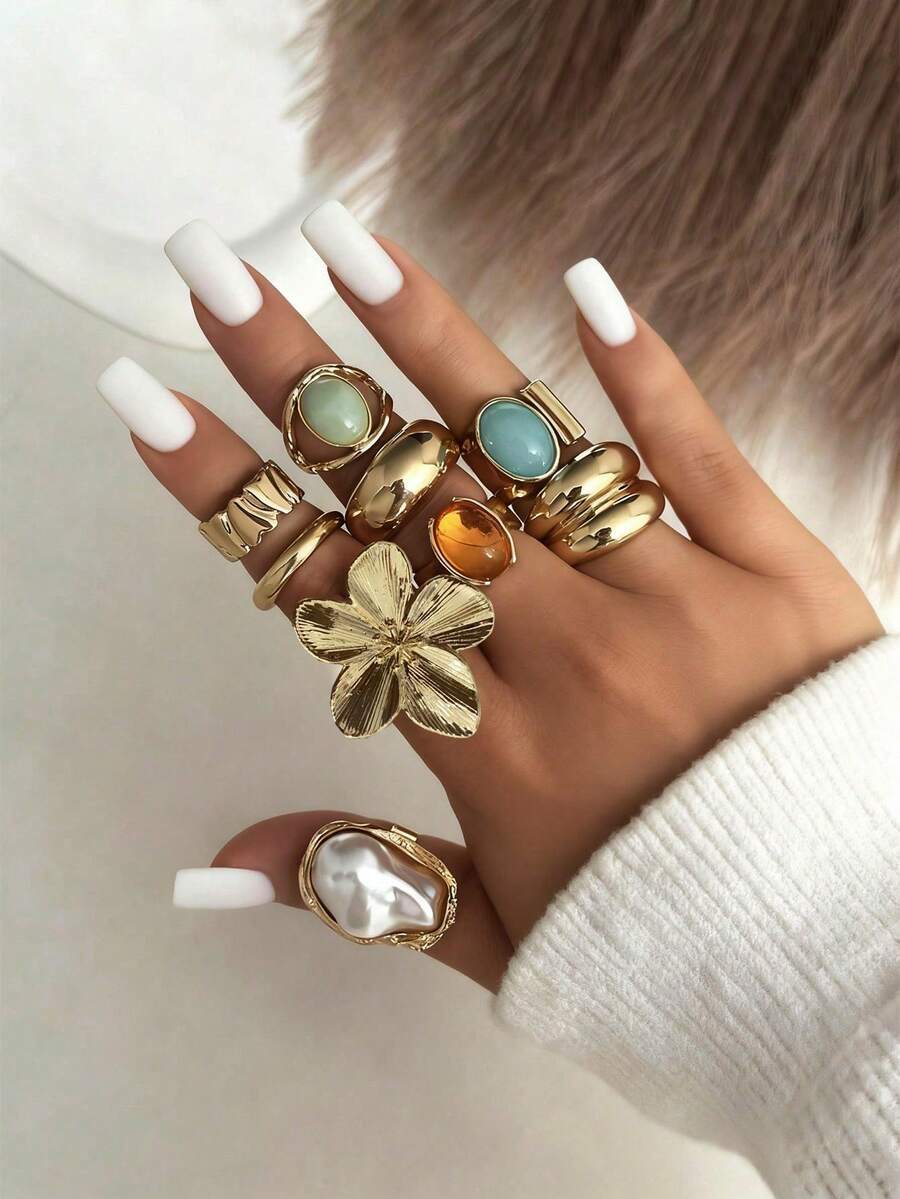 Set de 9 anillos de metal vintage con diseño minimalista francés personalizado, adecuado para fiestas, regalos y uso diario - Multicolor - Ver 1
