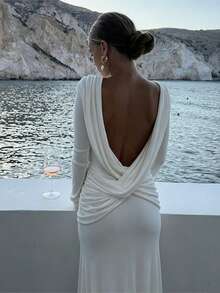 SYchuan Plain Sexy Backless Ruched Long Sleeve Dress White Spring Elegant - White - View 3