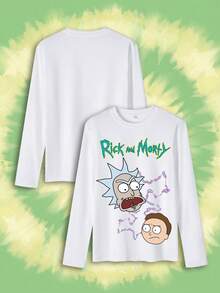 SHEIN X Rick and Morty 1件女款長袖T恤，閃電卡通臉印花，趣味街頭風，適合購物、上學與休閒派對，白色 - 白色 - 查看 6