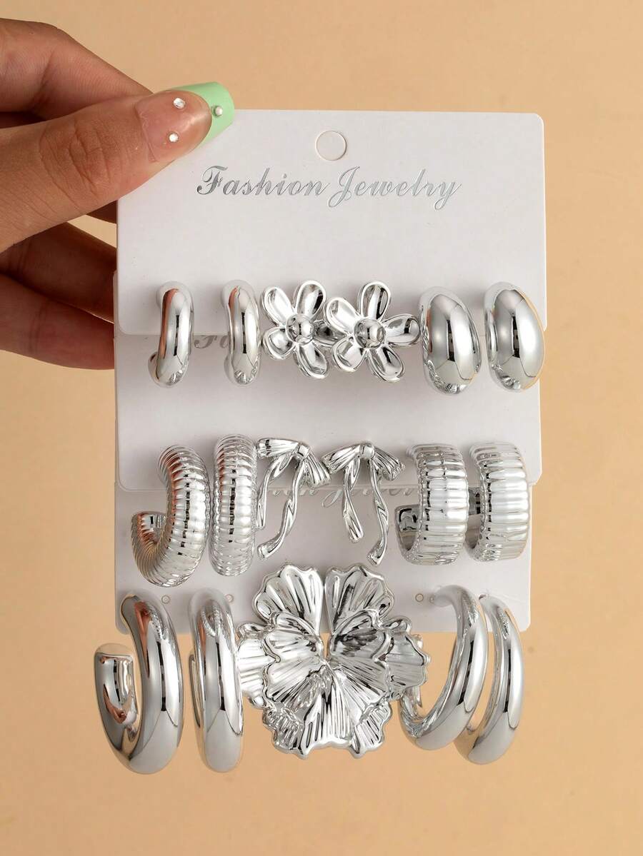 6/18PCS Fashionable Elegant Asymmetric Floral Geometric C-Shaped Multi-Element Silver Metallic Earring Set, Women's Fashion Earring Set (Lightweight CCB Material, Non-Fading) - Silver - View 1