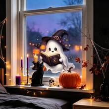 1pc Cute Halloween Static Window Cling, Witch Crow, Candy Skull, Spooky Ghost Tree, Reading Wizard Ghost Design, Removable Waterproof Sticker, Suitable For Front Door, Bedroom, Living Room, Autumn Thanksgiving Holiday Party Decoration - Multicolor - View 11