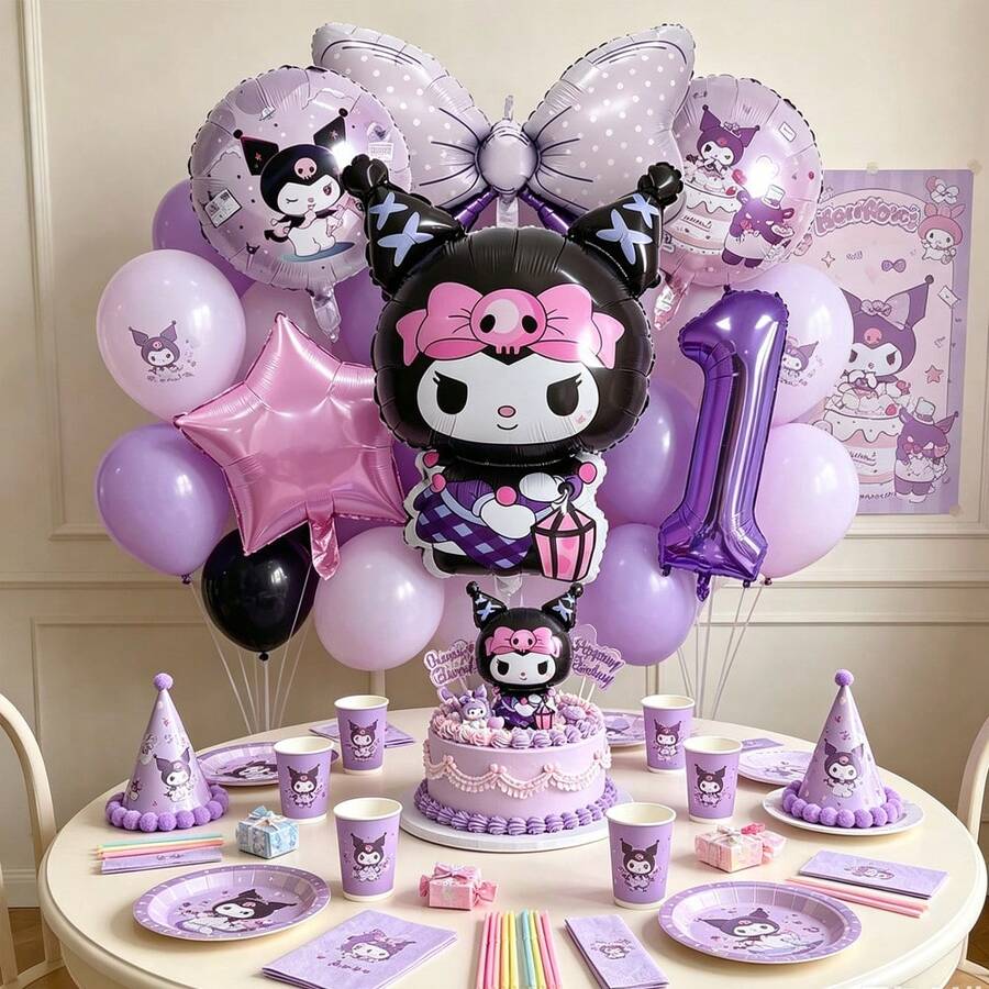 New Cartoon Purple Character Aluminum Foil Balloons With Numbers 1-9, Cute Cartoon Theme Birthday Party Decoration Props, Atmosphere Photo Decor, Number & Bow Balloon Combo Set - As Shown In the Figure - View 1