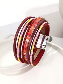 1pc Bohemian Style Purple & Pink Multi-Layer Leather Colorful Beaded Woven Magnetic Clasp Bracelet, Suitable For Women's Daily Commute Wear - Purple - View 5