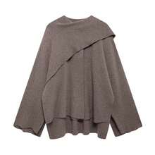 DEEKA Autumn/Winter New Slouchy Scarf Cape Round Neck Long Sleeve Short Knit Coat Jacket - Brown - View 6