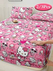 Sanrio 2/3pcs Hello Kitty Bedding Set, Cute Cartoon Print Bedding, Mattress Protector, Bed Cover, Bed Sheet, Comfortable Home Textile, Breathable Anti-Pilling Mattress Protector, Home Decor, Suitable For All Bed Sizes - Double, Full, Queen, King, All Seasons, Dust-Proof Bed Cover, Machine Washable - Fashionable Rose Red KT - View 1