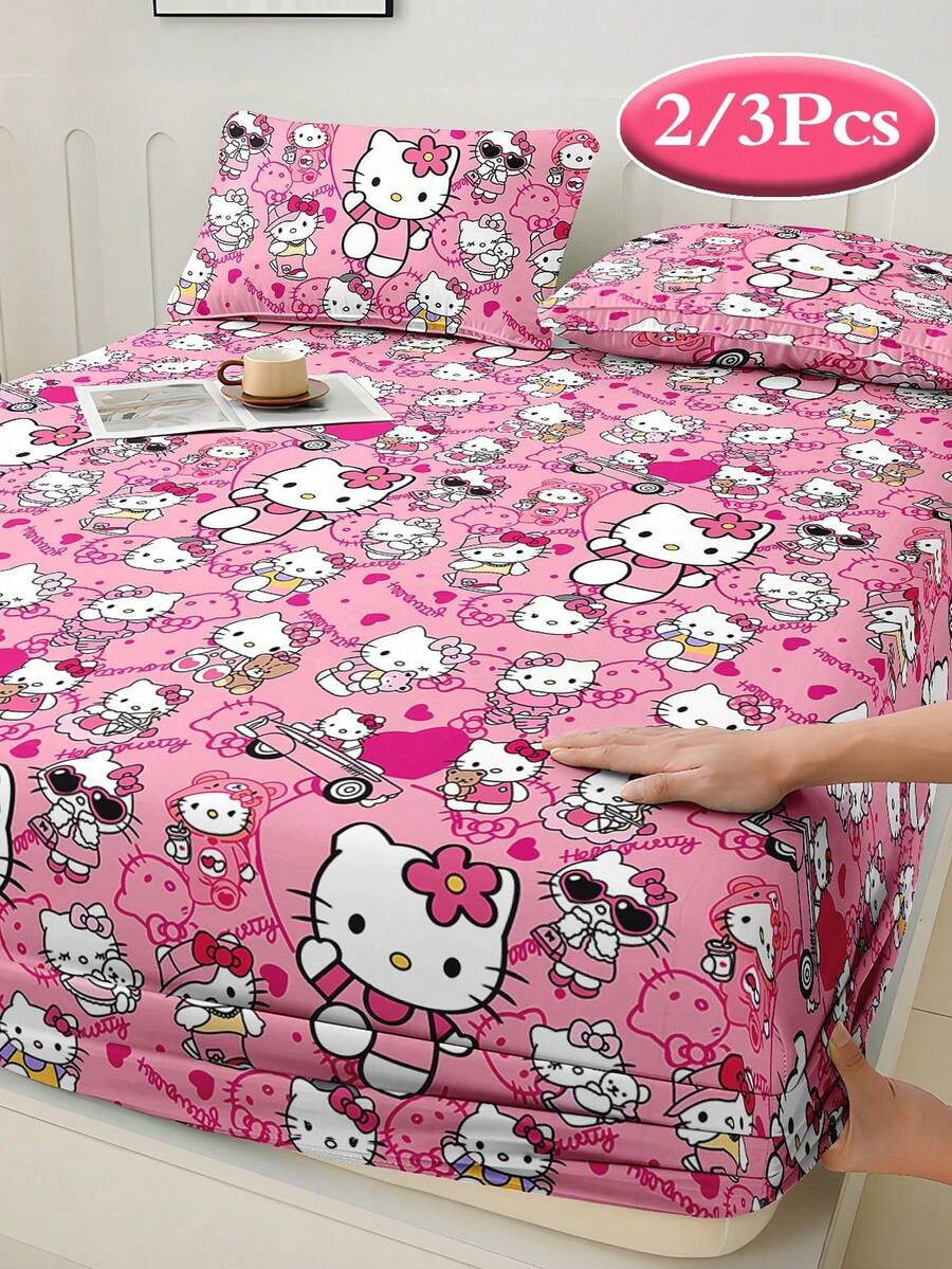 Sanrio 2/3pcs Hello Kitty Bedding Set, Cute Cartoon Print Bedding, Mattress Protector, Bed Cover, Bed Sheet, Comfortable Home Textile, Breathable Anti-Pilling Mattress Protector, Home Decor, Suitable For All Bed Sizes - Double, Full, Queen, King, All Seasons, Dust-Proof Bed Cover, Machine Washable - Fashionable Rose Red KT - View 1
