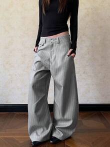 Vintage Old Money Style Versatile Design Striped Colorblock Casual Loose Draped Curved Wide Leg Trousers - Light Grey - View 1