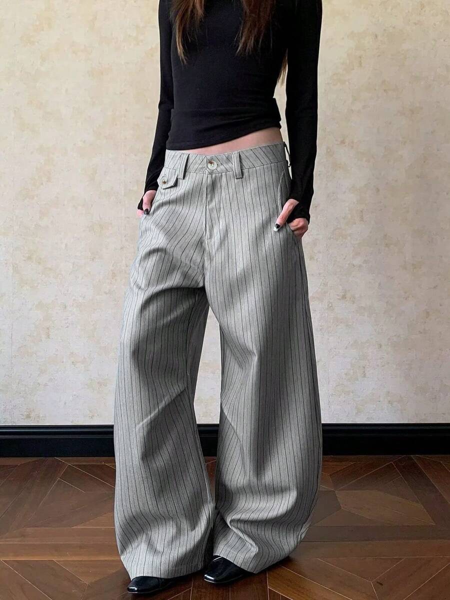 Vintage Old Money Style Versatile Design Striped Colorblock Casual Loose Draped Curved Wide Leg Trousers - Light Grey - View 1