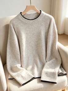 Women's Elegant Elegant Fashion Pullover Sweater, Ribbed Knit Long Sleeve, Suitable For Autumn/Winter Outfit, Contrast Color Knit Top - Grey - View 3