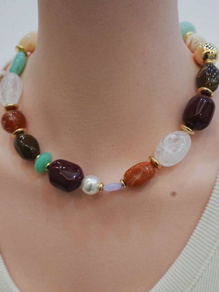 1pc Fashionable Vintage Exaggerated Bohemian Style Thick Brown Acrylic Beaded Necklace, Women, Couples, Party, Daily Wear, Luxury High-End - Multicolor - View 4