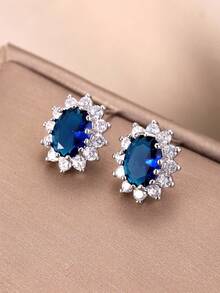 1 Pair Fashionable Elegant Elegant Cubic Zirconia Flower Stud Earrings Suitable For Women's Daily Wear, Party, Holiday Gift - Blue - View 1