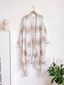 1件式優雅花卉刺繡開襟和服式圍巾/沙龍披肩女款，春夏波希米亞風海灘罩衫，防曬裝飾刺繡開襟衫，適合日常穿著，送禮首選 - 白色 - 查看 6