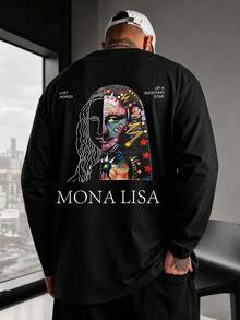 Patchwork Graffiti Mona Lisa Loose Long Sleeve T-Shirt Men Spring Autumn Black Art Painting Casual Base Layer - Black - View 1