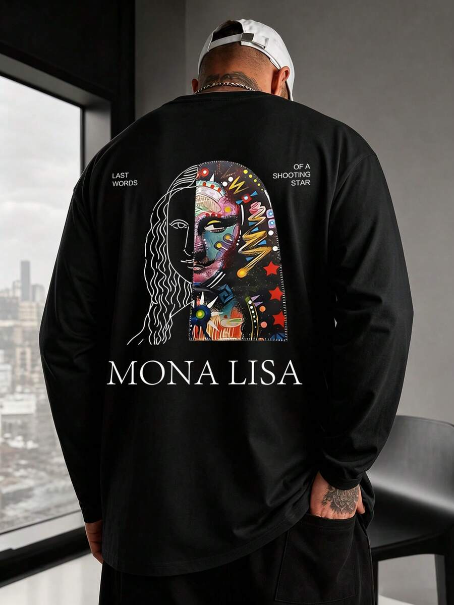 Patchwork Graffiti Mona Lisa Loose Long Sleeve T-Shirt Men Spring Autumn Black Art Painting Casual Base Layer - Black - View 1