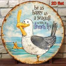 2D Flat Round Iron Sign 8 Inch, "Happy Like A Seagull With Fries" Funny Animal Decorative Plaque, Suitable For Decorating Beach House, Kitchen, Restaurant, Cafe, Bar, Farmhouse, Pre-Drilled Holes, Style As Shown In Size Chart - Multicolor - View 3
