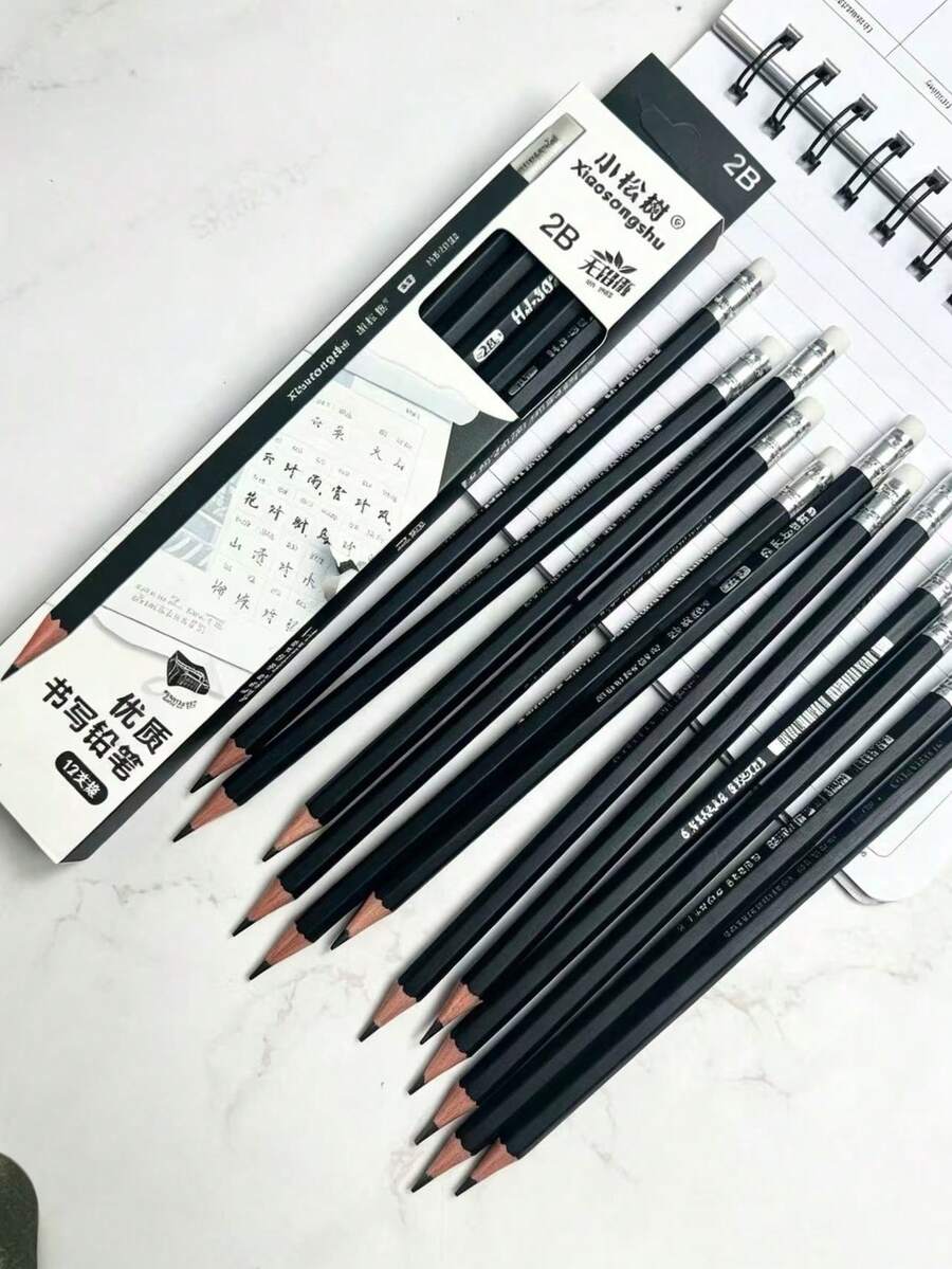 12 Black Pencils With Erasers And 1 Pencil Sharpener, Designed For Students' Learning, Exams, Drawing And Sketching, Student Stationery Pencil Set, Back To School Supplies - Multicolor - View 1