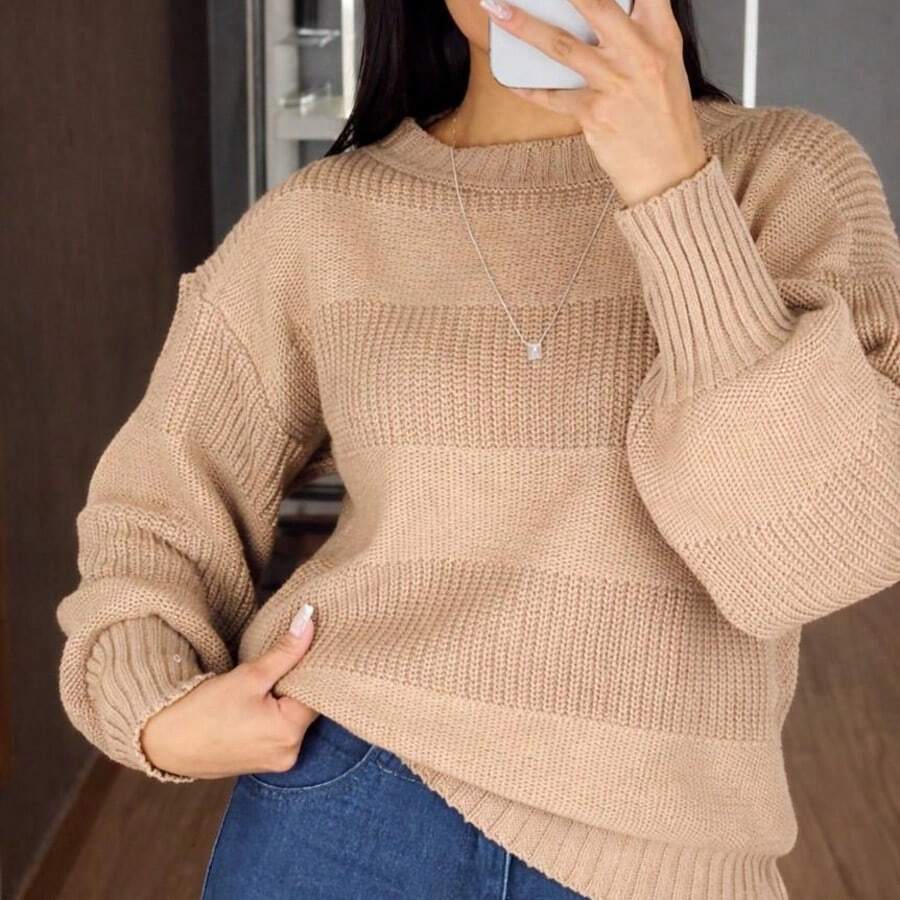 suéter de tricô de listras  Tricô de malha    blusa de tricô  outono ,inverno - Bege - Visão 1