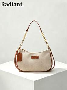 Women's Shoulder Bag, Canvas Material Solid Color Bohemian Style Handbag, Gold Chain Zipper Design, Casual Daily Wear, Suitable For Spring And Summer - Brown - View 2