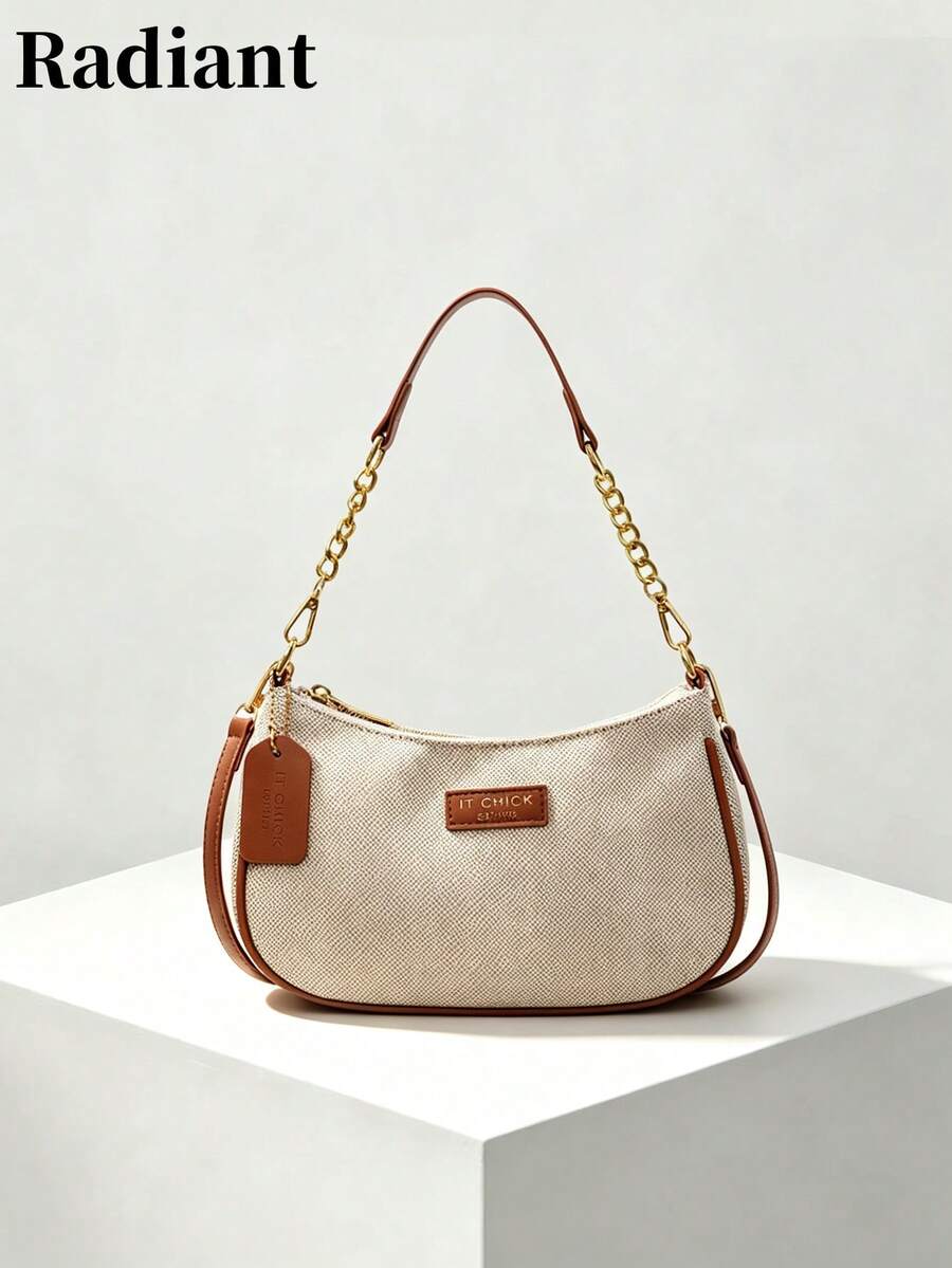 Women's Shoulder Bag, Canvas Material Solid Color Bohemian Style Handbag, Gold Chain Zipper Design, Casual Daily Wear, Suitable For Spring And Summer