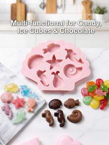 Multifunctional 7-Cavity Ocean Theme Mold, 3D Dolphin Seahorse Starfish Shell Conch Fish, Shell Outline Base, One-Piece Silicone Mold, Silicone, High Temperature Resistant, Oven And Freezer , Non-Stick Easy Release, Soft And Flexible, Reusable - Multicolor - View 7