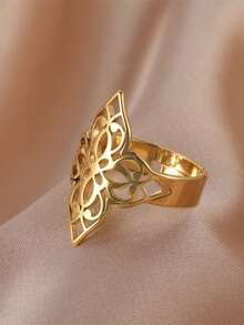 TEAMER 1pc Fashion Women Stainless Steel Hollow Flower Open Adjustable Ring, Versatile Accessory, Unisex Style, Gift For Friends - Fashion Series - View 4