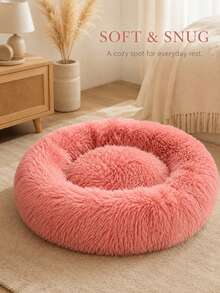 1pc Soft Plush Round Pet Bed With Matching Blanket, Fluffy Donut Dog Bed Cat Bed, With Raised Cushion Edge, Warm And Comfortable Indoor Sleeping Nest, Suitable For Puppies, Kittens, Cats And Small Dogs, Medium Dogs Bedroom, Living Room, Cage And Home Use Bed - Pink - View 8