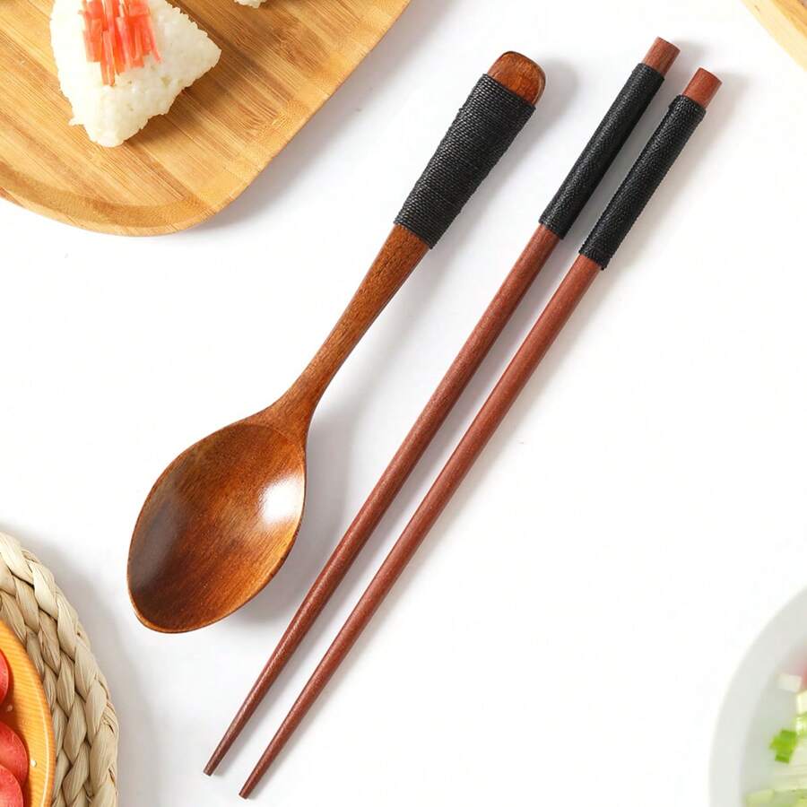 木製筷子與湯匙套組,個人用餐餐具,木製筷子,木製湯匙,飯匙,長柄木製餐桌匙 - 棕色 - 查看 1