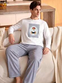 Ensemble de vêtements d'intérieur pour hommes avec T-shirt à col ras-du-cou décontracté à manches longues et pantalon long décontracté pour l'été - Blanc - Voir 6