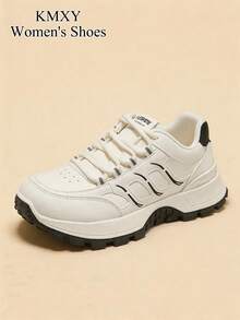 1 Pair Women's Thick Sole Athletic Shoes Lace-Up Patchwork Design Daily Walking Shoes - Black and White - View 8