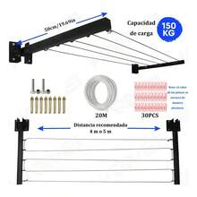 Tendedero  Plegable Retráctil de Pared, para Ropa y Cobijas con Pinzas, Reforzado de Metal y Acero Inoxidable - negro - Ver 2
